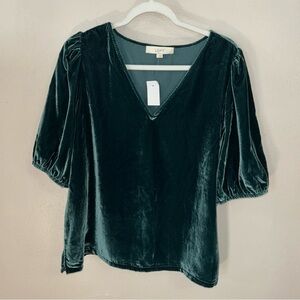 LOFT Dark Green Velvet blouse puff sleeve v neck luxe Top
